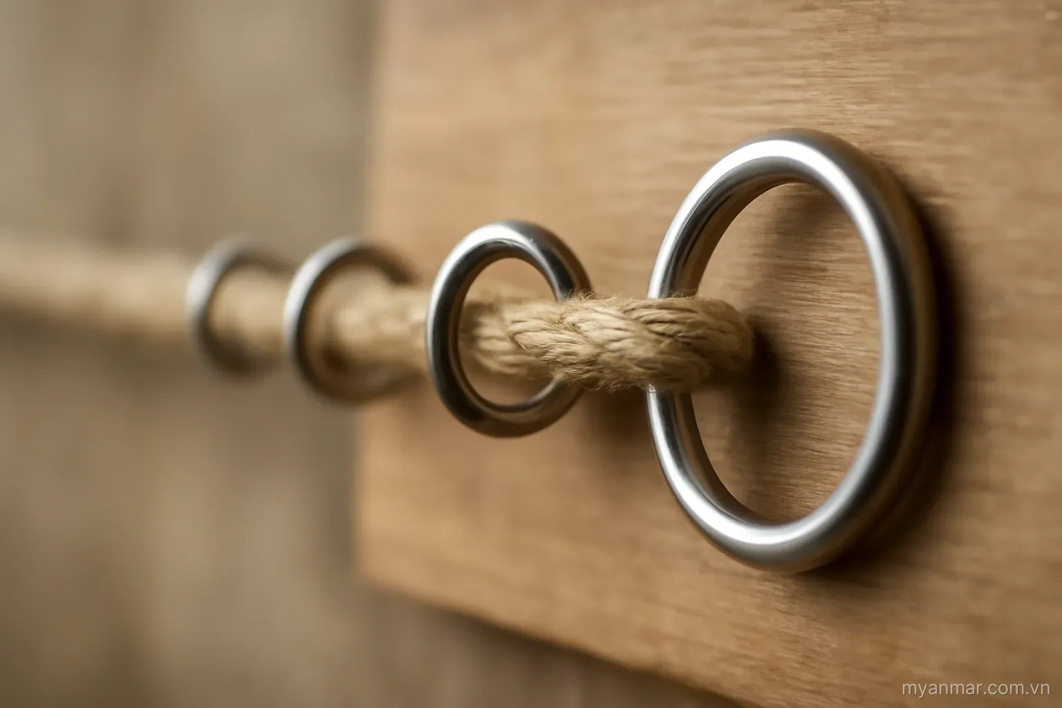 A cord threaded through a row of rings of different sizes mounted on a wooden board, side view, no text