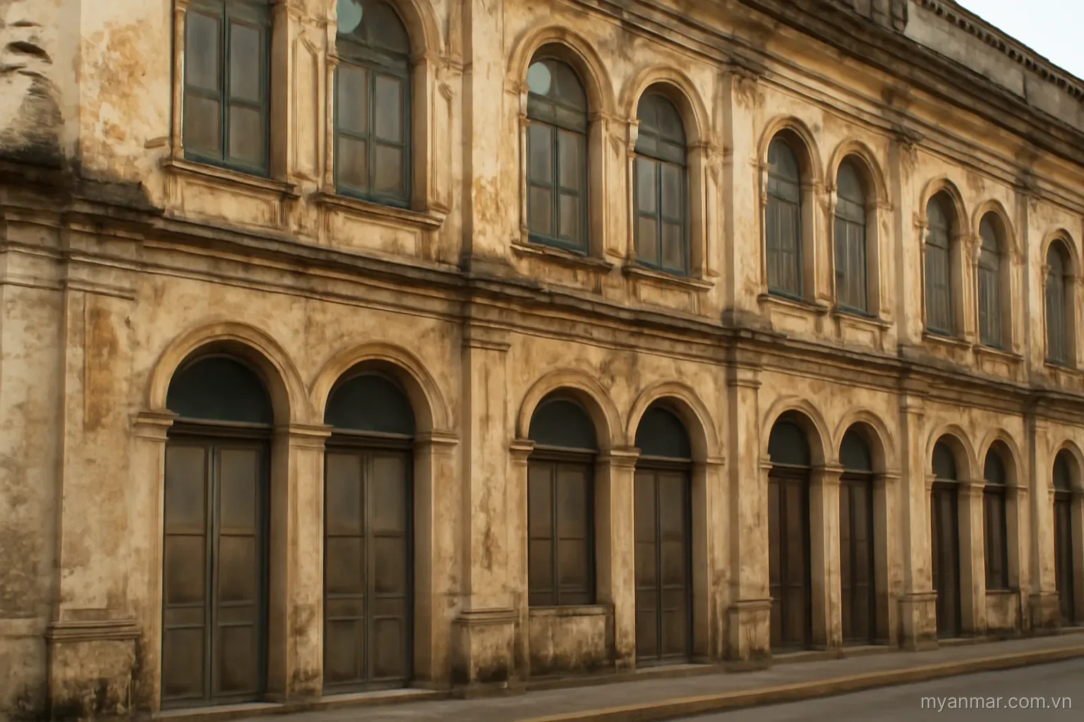 A wide colonial-era building facade with arched windows and weathered paint, eye level, no text